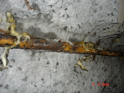 The foam is displacing the remaining moisture in the crack. Demolition around the rebar will be next.